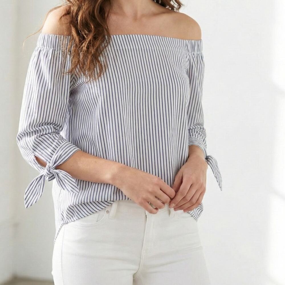 Banana Republic Off-The-Shoulder Striped Blouse XS Tie Sleeves Button Back
